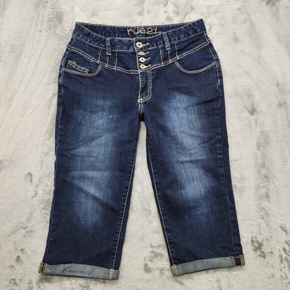 Vintage Y2K Rue 21 Jeans Womens 9/10 High Waisted Crop Multi Button Dark Wash - Picture 1 of 12